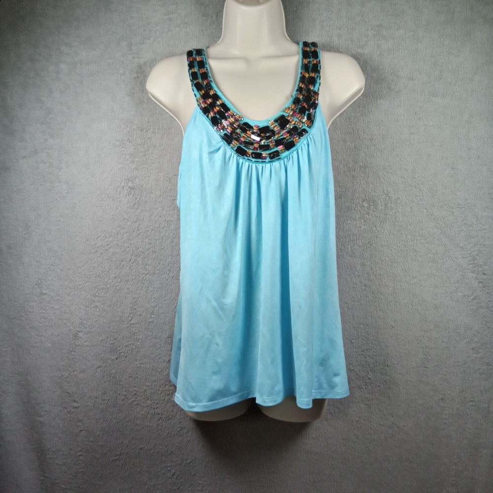IZ Byer Womens‎ XL Light Blue Beaded Embellished Racerback Tank Top Flowy Boho